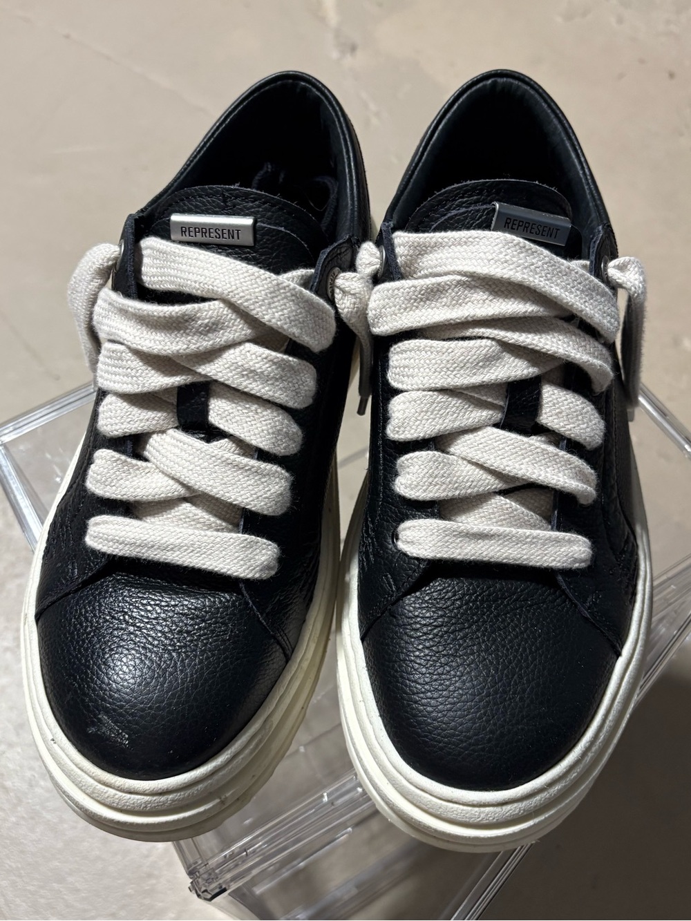 Represent Men's Black Leather Low-Top Sneakers with White Laces